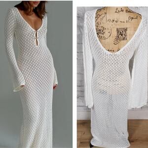 Commense Cover up maxi dress Sz M crocket white flare sleeve boat neck A28